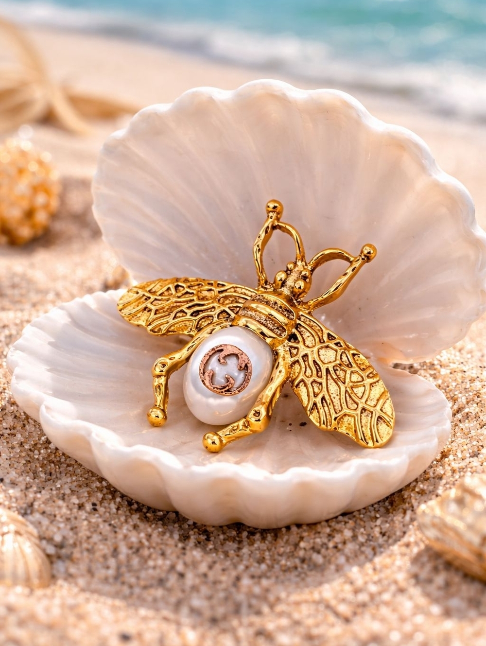 Gold Insect Brooch with Pearl Detail - Picture 2 of 7